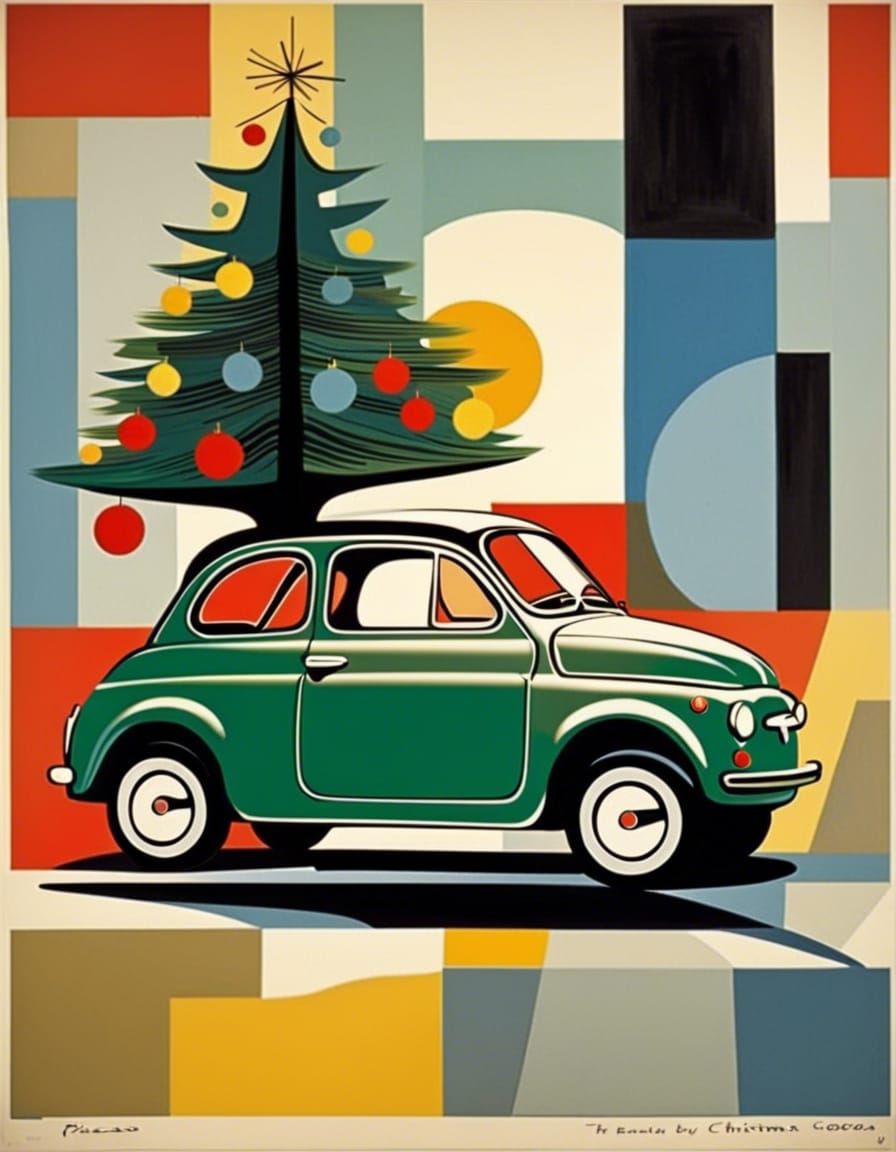 total full , Fiat-500-car!!! with a Christmas tree on the ro...