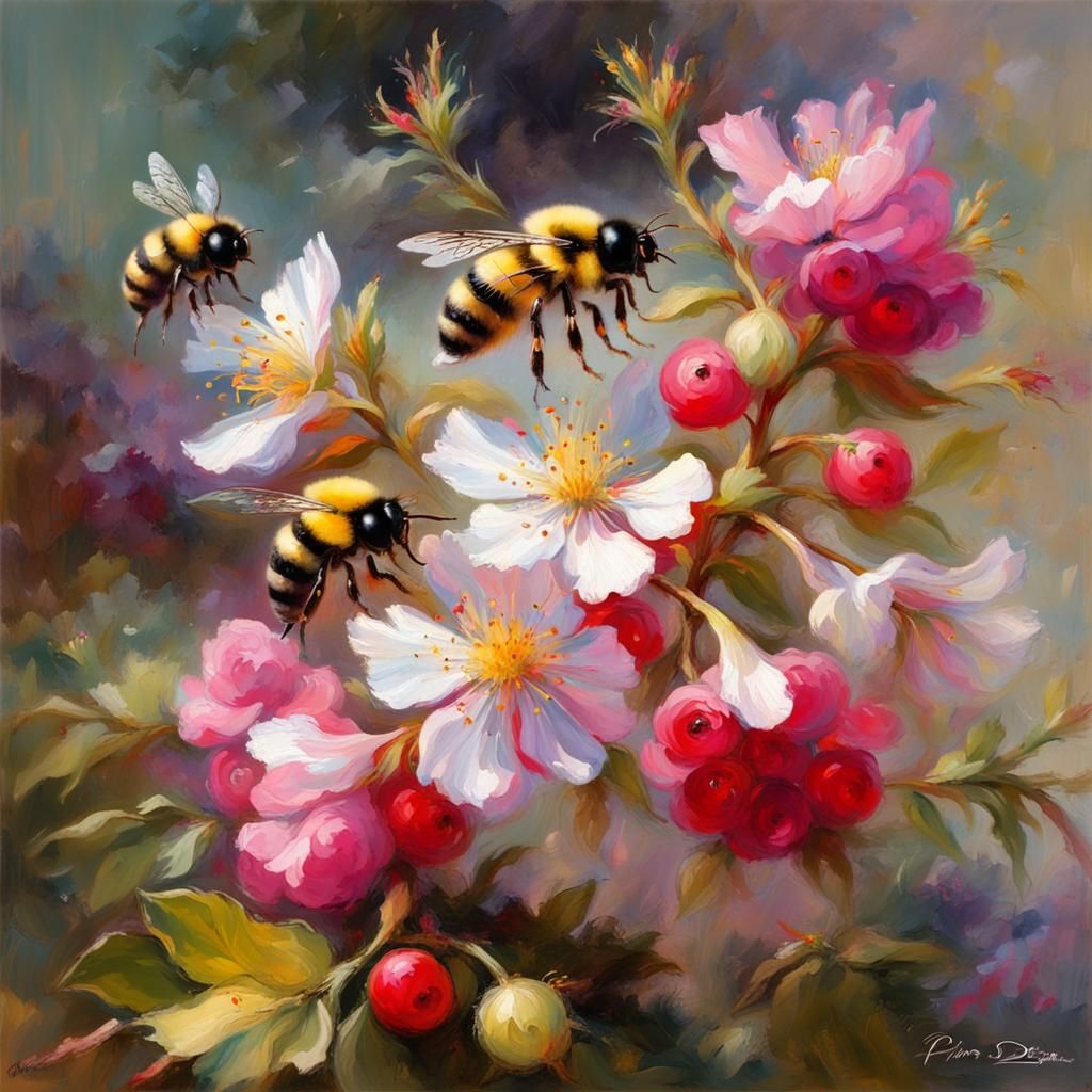 Wild fragrant spring blossoms serviced by busy pollinators (Apoidea)  by @PS