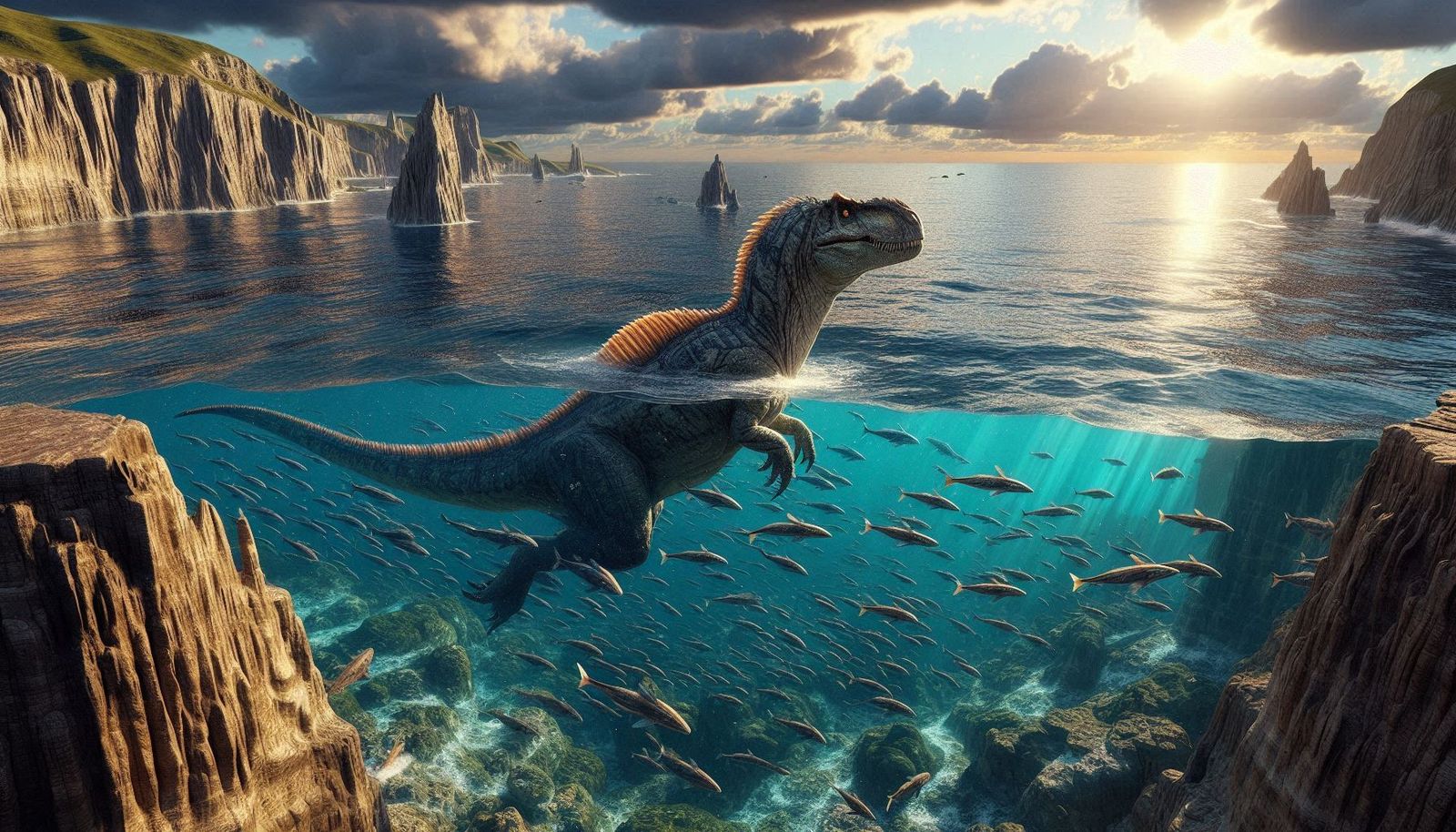 Life in the Jurassic : Allosaurus swimming