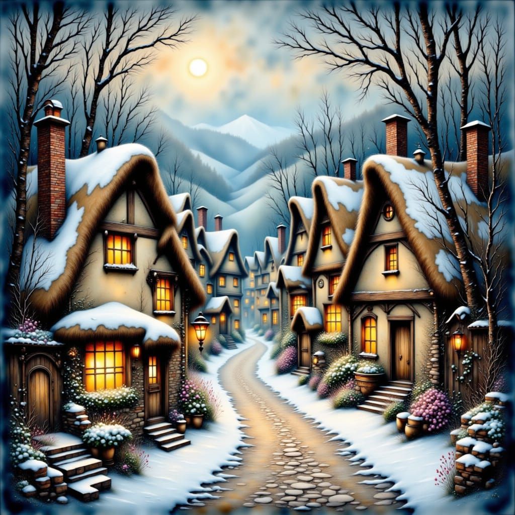 <lora:The Divine Flux:1.0> Quaint village nestled in rolling hills, surrounded by dense woods, during a serene snowfall, with delicate flake...
