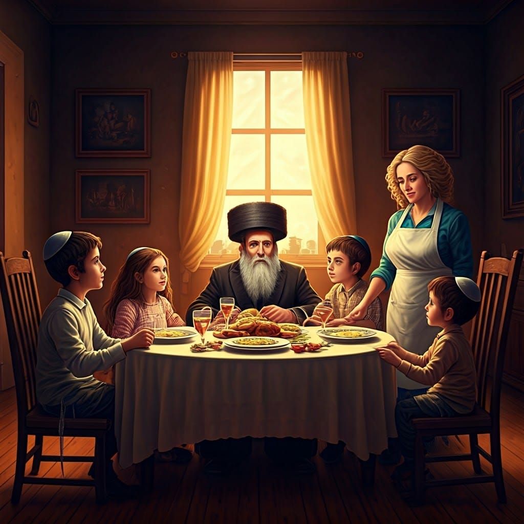 שולחן שבת האבא בראש השולחן עם שטריימל בראשו ושתי ילדים קטנים...