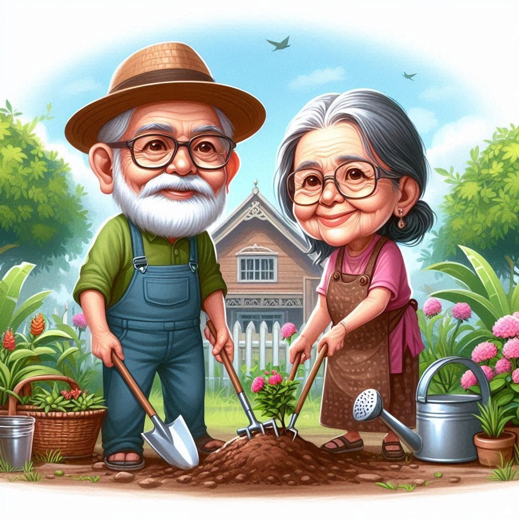 Grandma and Grandpa are gardening, Caricature style represen...