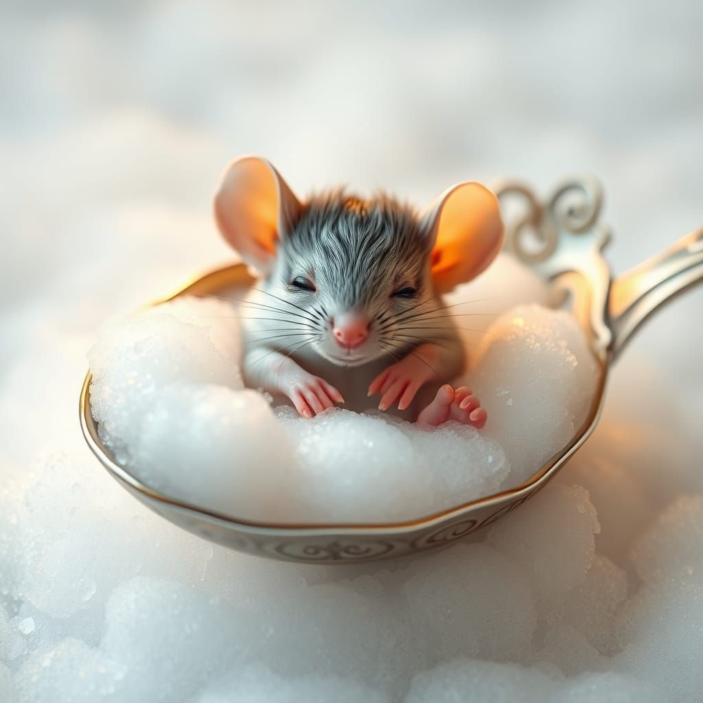 A cute mouse reclines in a dainty, ornate spoon, surrounded by a halo of soft, white soap suds.  by @Suz