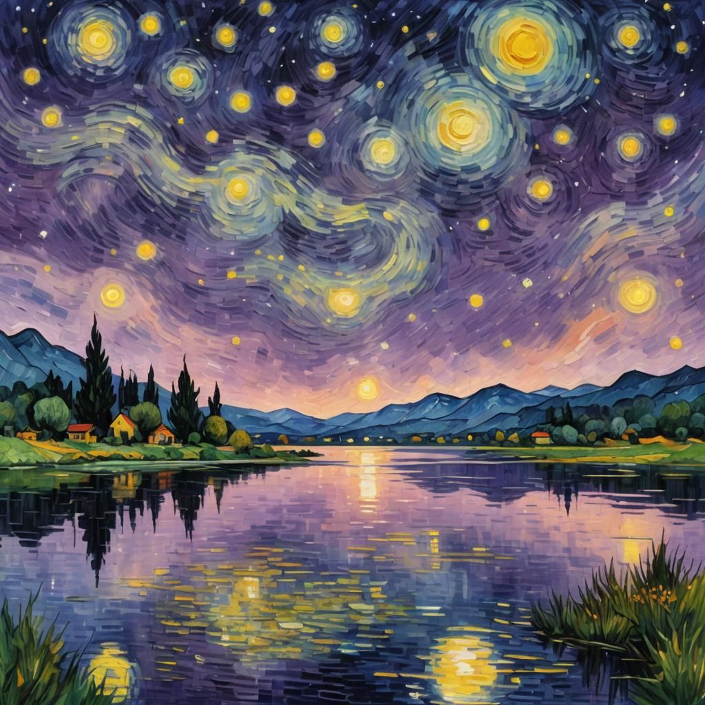 A lake , in the lake painting Starry night of Van Gogh with ...