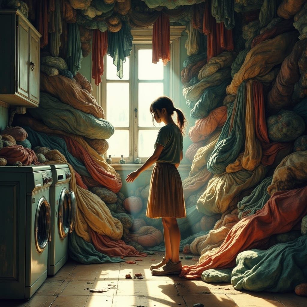Woman Tames Living Laundry in Surreal Dimly Lit Room