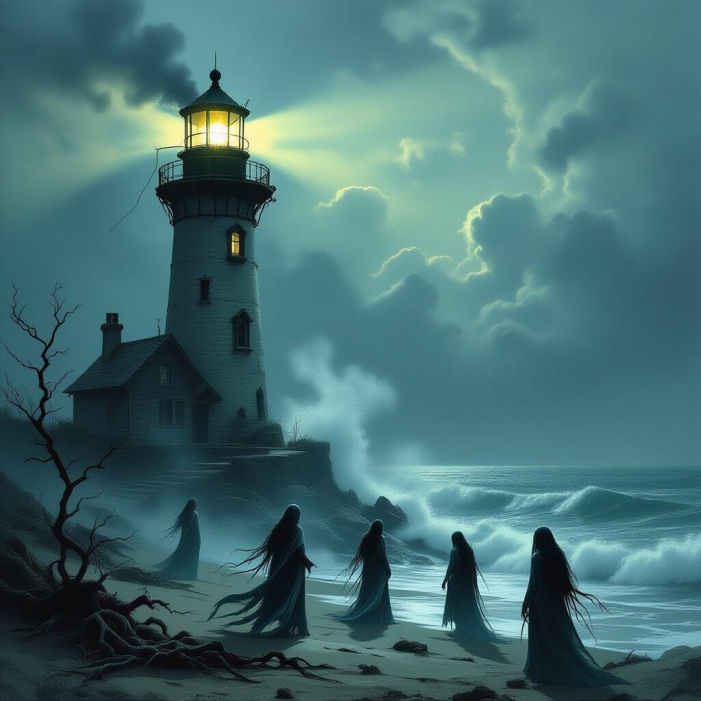 For the "Lighthouses" challenge, a smoke-like lighthouse stands on a desolate shore, its light casting ...  by @SirGayle