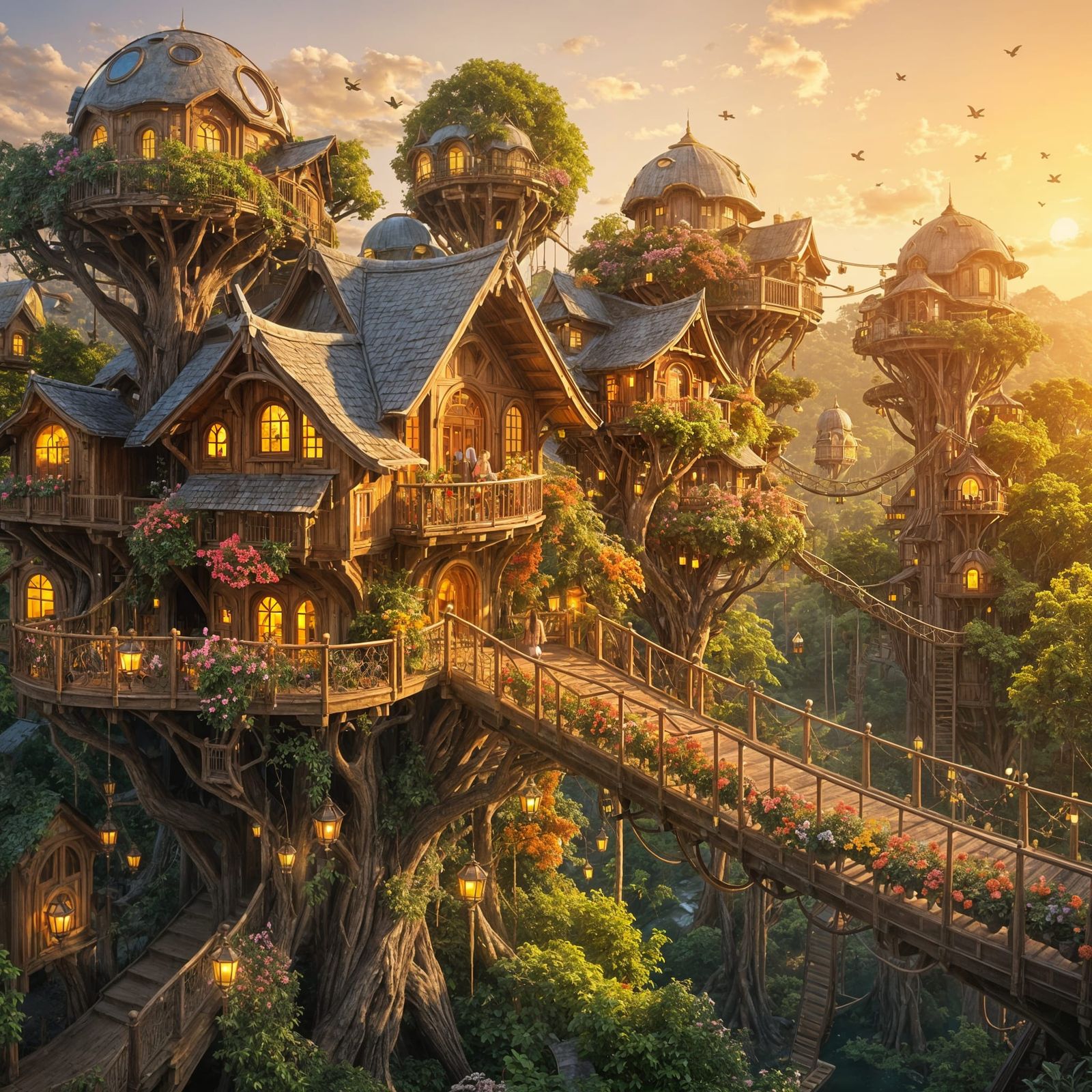 Bohemian Treehouse Village at Sunset