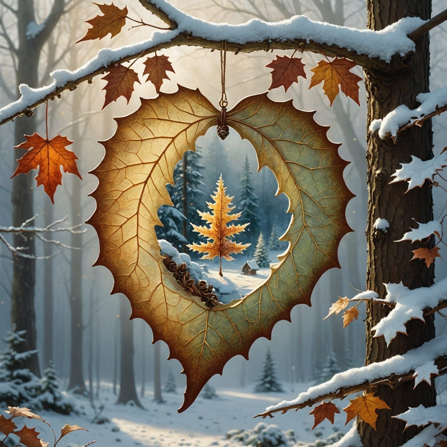 pale old autumn leaf with a snowy traditional beautiful Christmas scene in a woodland glade carved into ...  by @Lynbrook Mutt - Mike