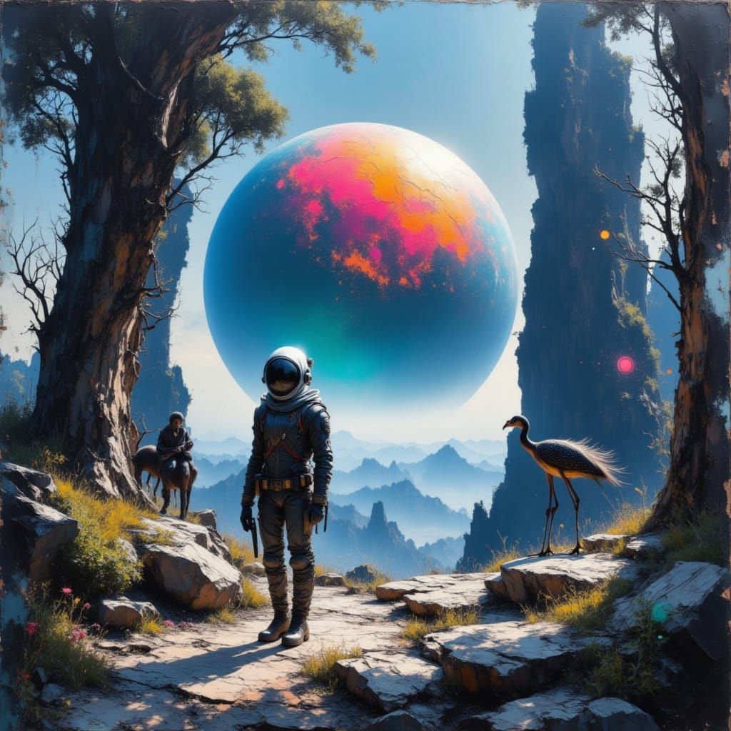 <lora:TexturedLinesV2:1.0> focus on a [sci-fi+futuristic] galactic suited traveler / background: panorama radiant epic scene of hyperdetaile...