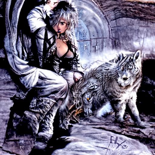 A wolf shifter blond witch and silver-haired wolf shifter wizard in a dungeon. Ash gray walls.<lora:Noir Royale SD15:1.0><lora:Film Noir 2D ...