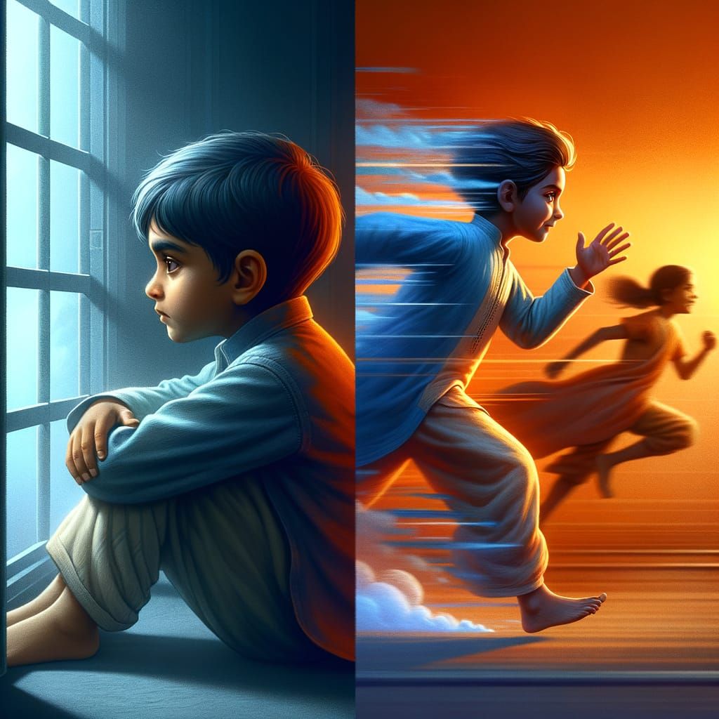 Split screen 3D illustration. Left side: a indian child looking out a window daydreaming (blue tones). Right side: a indian child running fa...