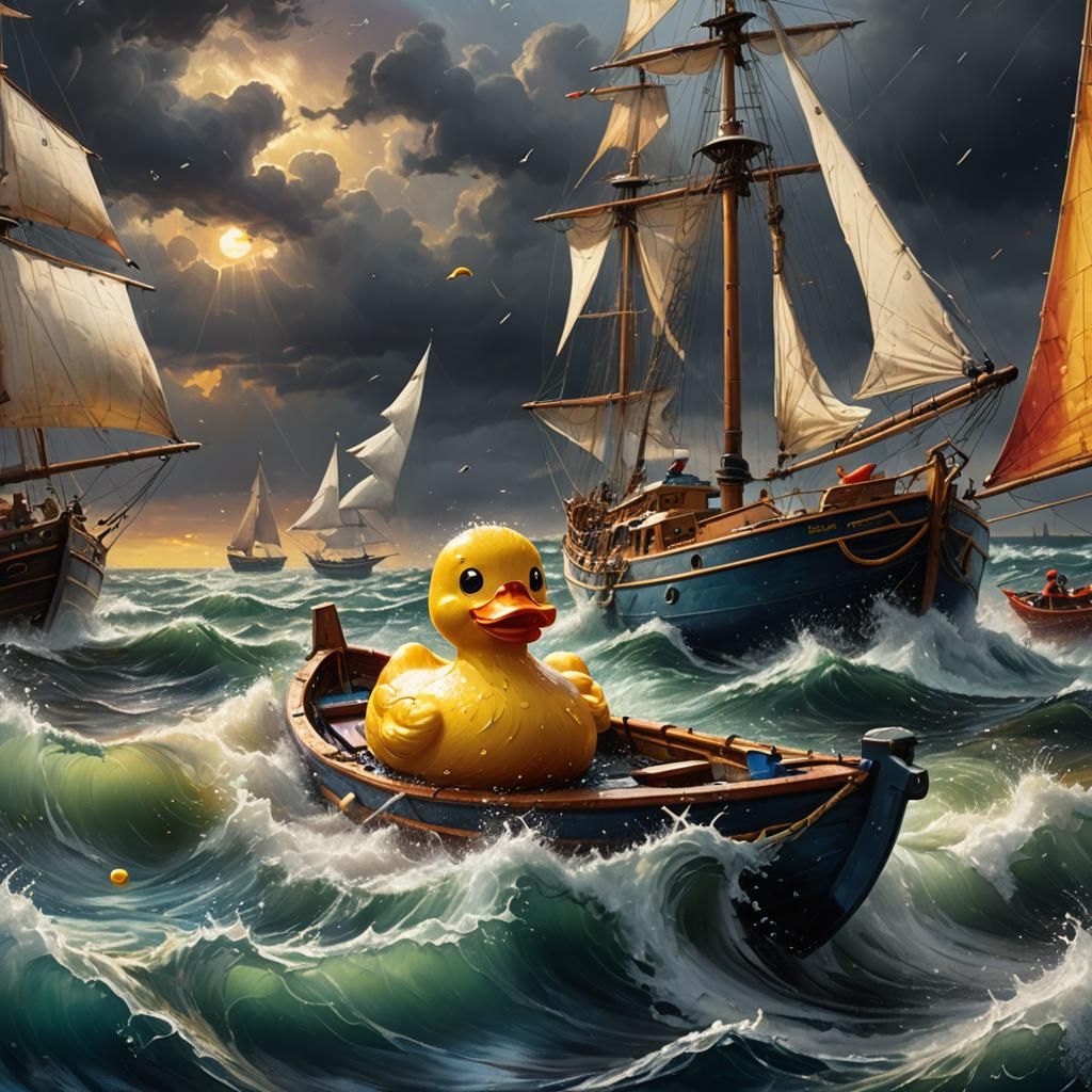 Rubber duck on a sailboat in the middle of the raging sea