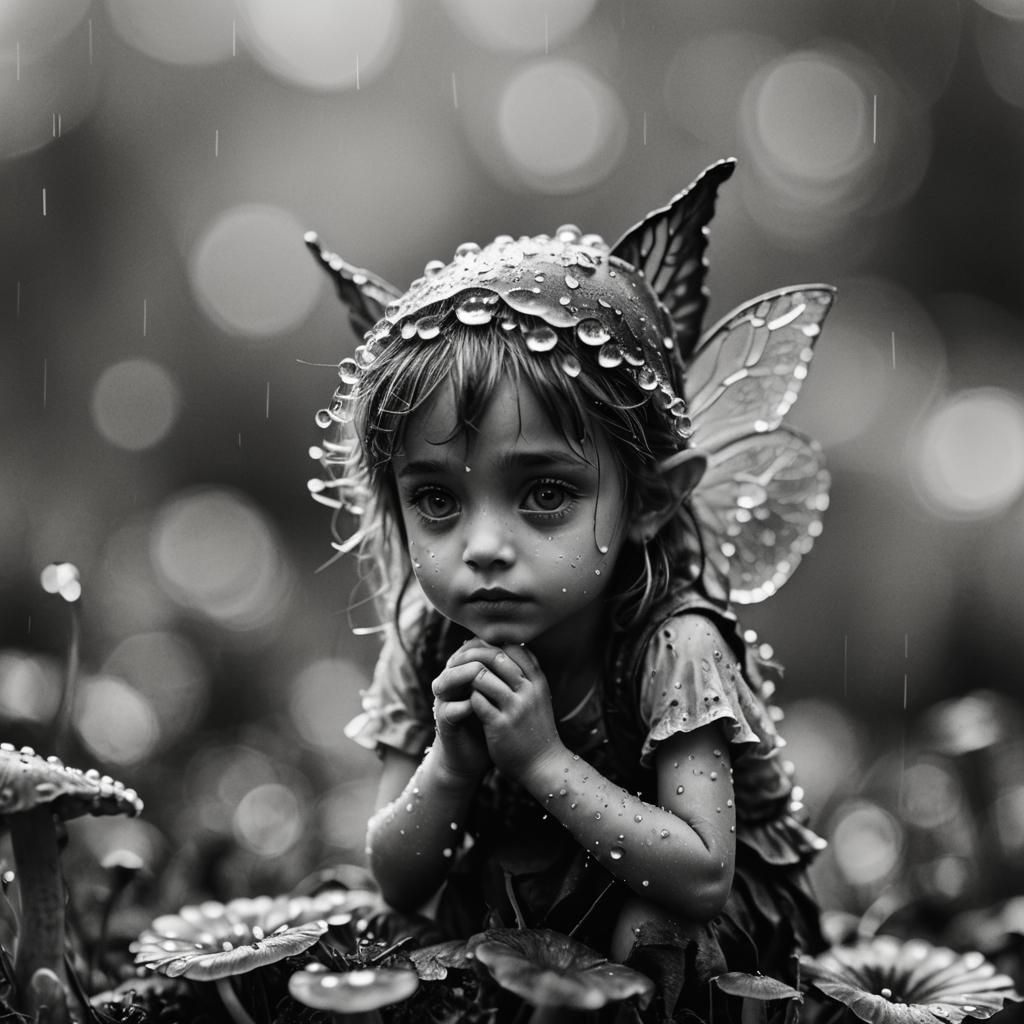 Macro photography of a tiny fairy sitting on a mushroom. Dew drops reflect the morning light. Black & ...  by @WickedlyCreative
