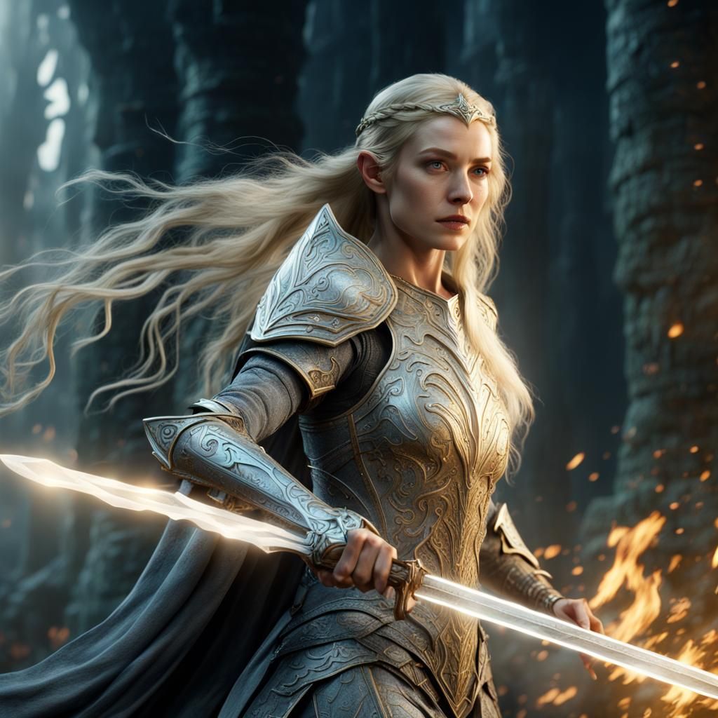 Galadriel from lord of the rings in battle armor wielding a sword - AI ...