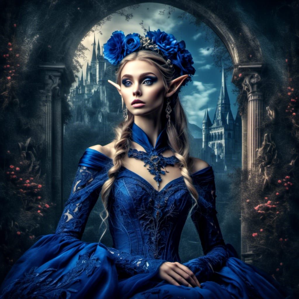 <lora:WickedlyElvenMAGIC:1.0> HDR elven lady in a long Royal blue gown on a Loish styled background