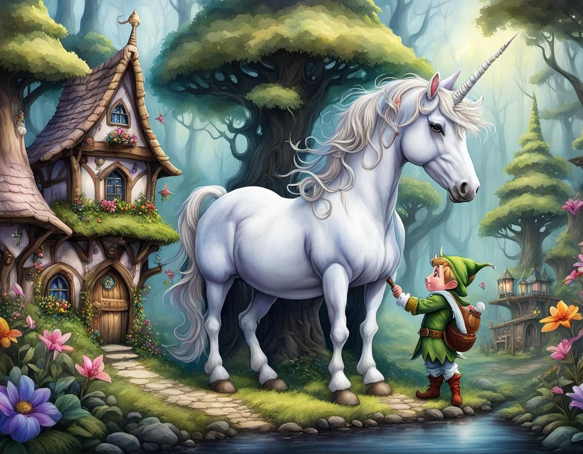 A little cute elf boy and his adorable unicorn playing toget...