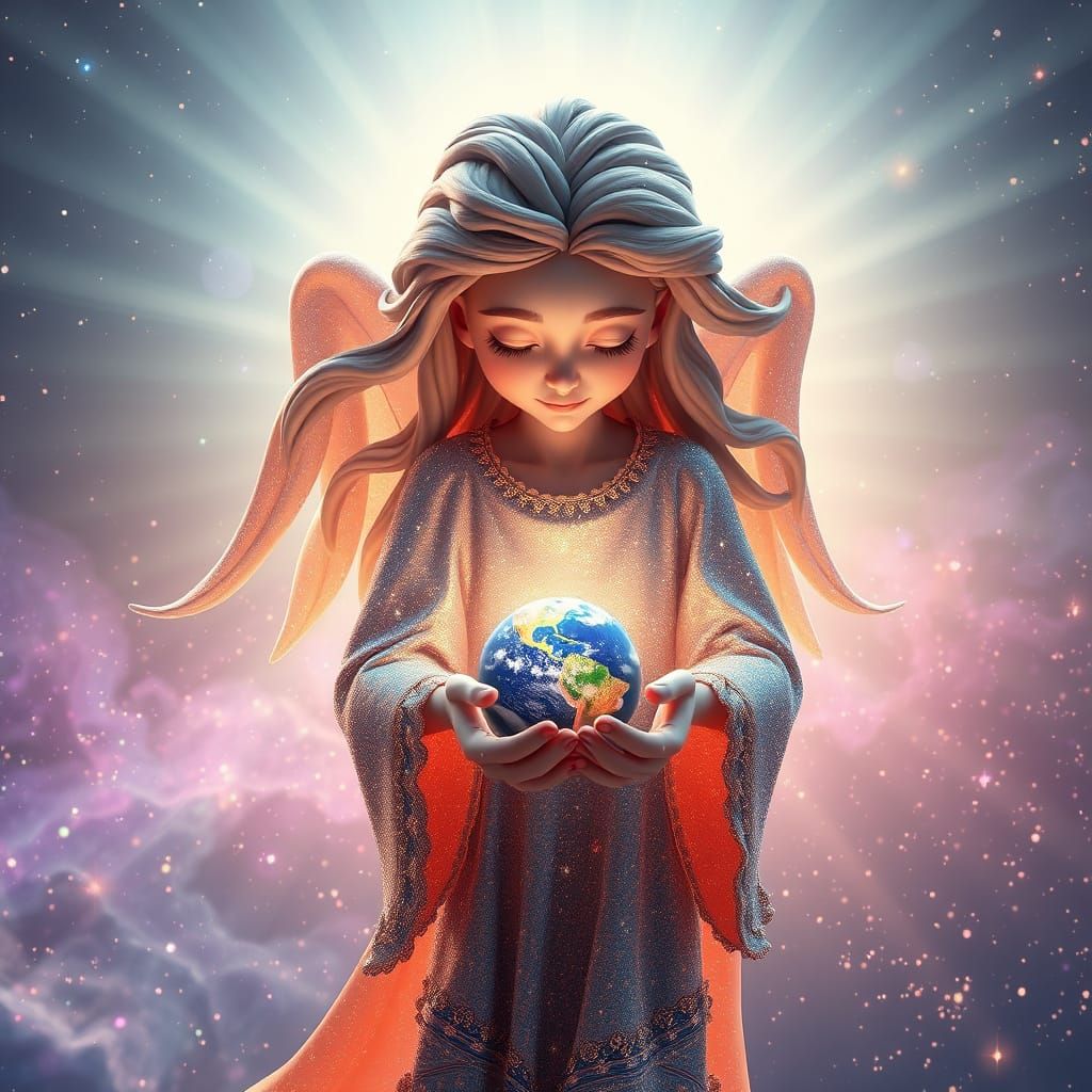 Celestial Being Holds Sleeping Planet in Stardust Robes