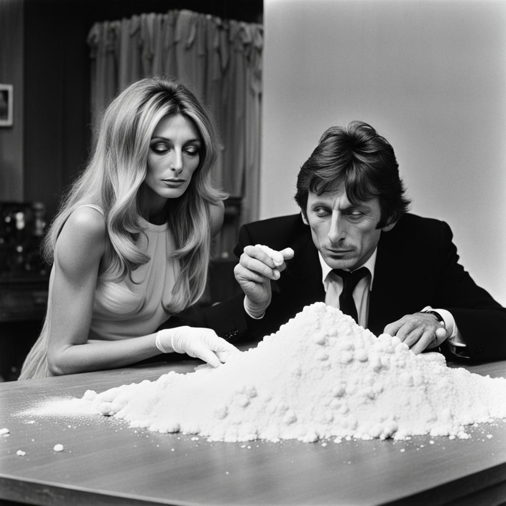 Sharon Tate and Roman Polanski burying their noses in a pile of white  powder laying on the table - AI Generated Artwork - NightCafe Creator