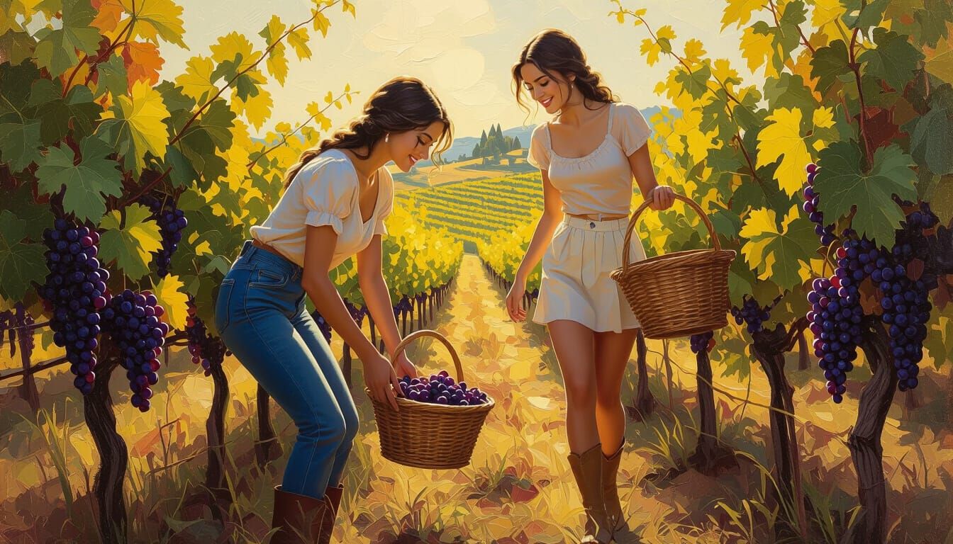 Fairy-tale depiction of grape harvest in a vineyard, painted in impasto technique with thick textured brush strokes and rich layers of color...