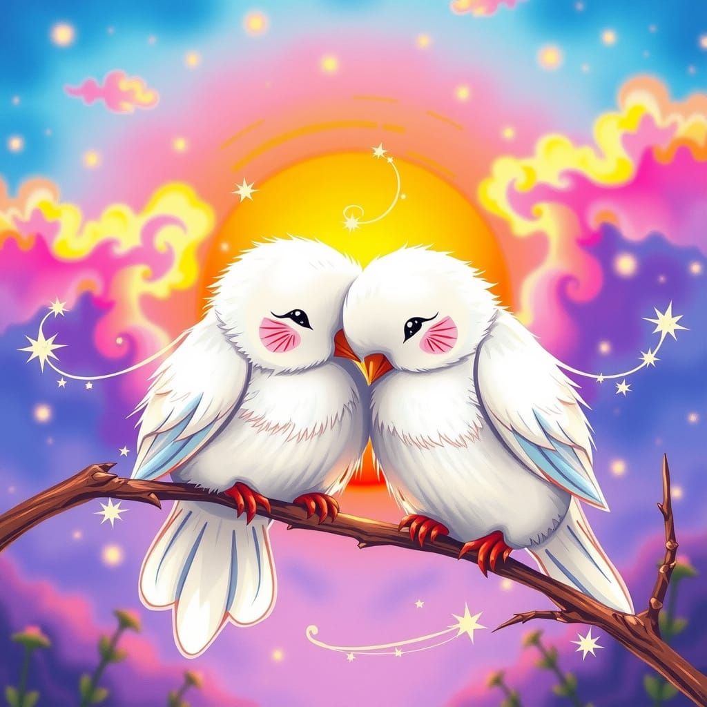 Whimsical Baby Doves Gaze at Sunset in Disney-Esque Pop Art