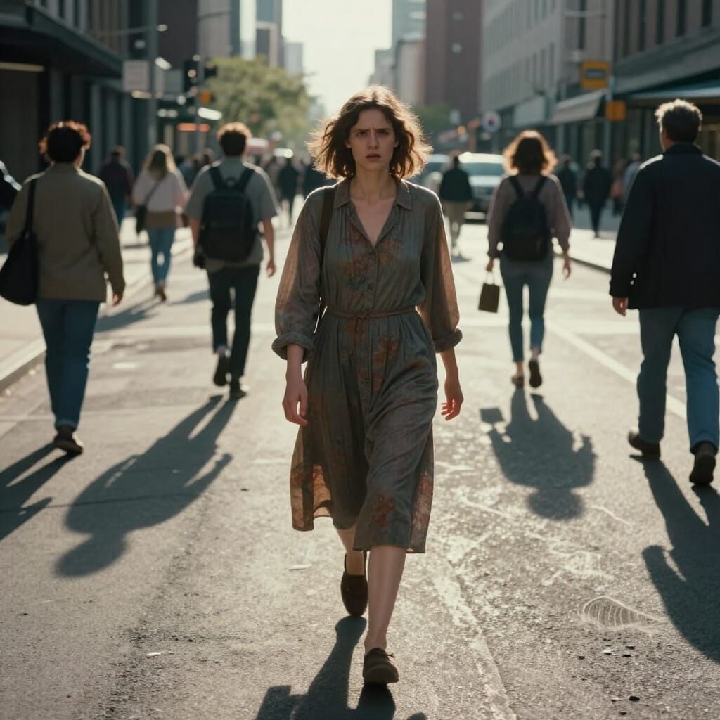 Surreal Woman's Past Haunts Chaotic City Street