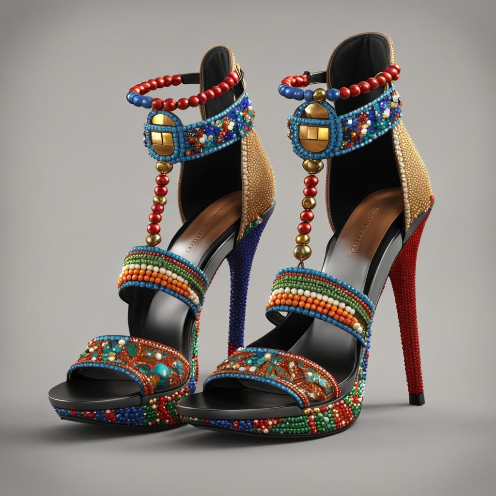 Beaded high heel sandals with mosaic straps with Haitian and...