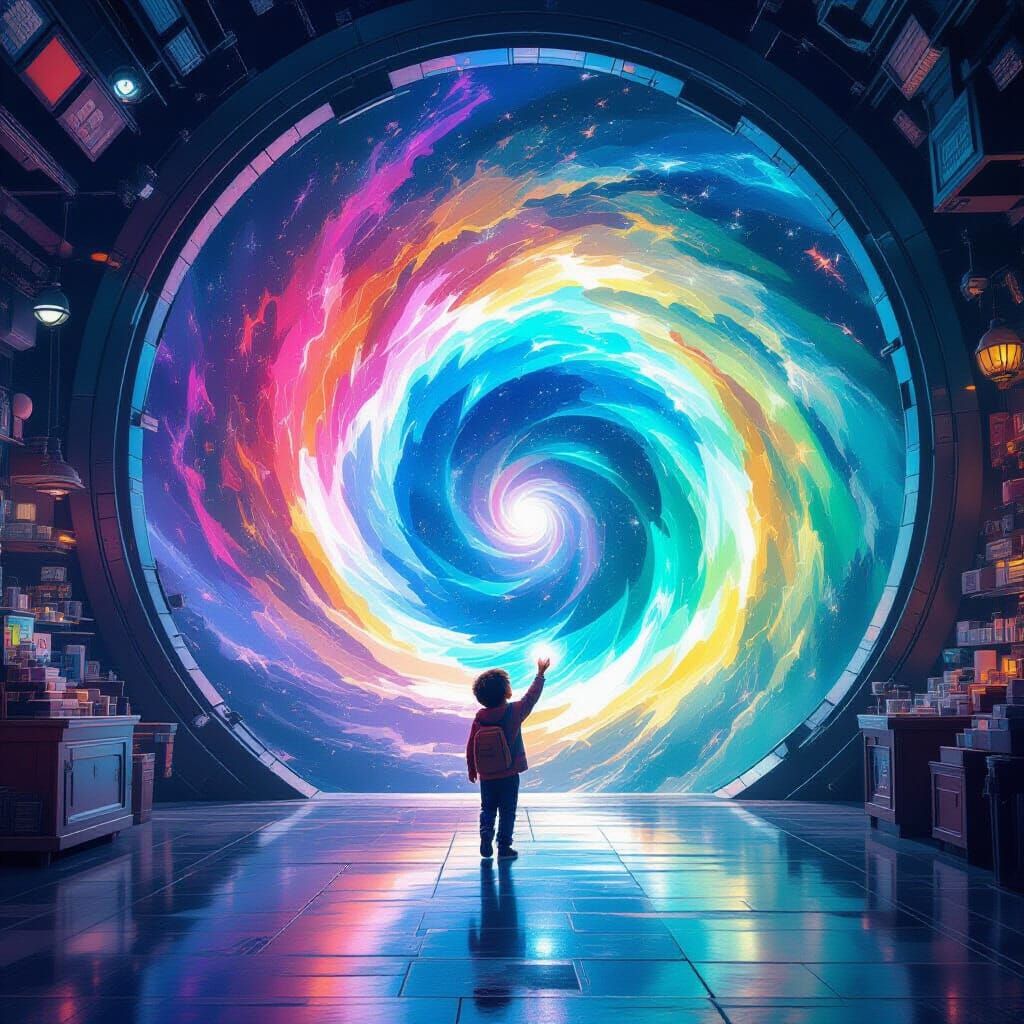 Child Enters Cosmic Portal in Cyberpunk Cityscape