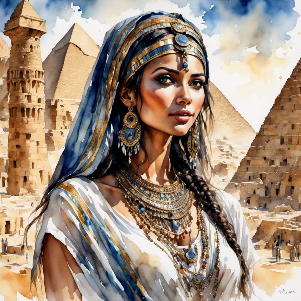 <lora:Diversity:1.0> <lora:Abracadabra:1.0> <lora:WatercolorMix1:0.5>  8k closeup photo of A beautiful modern Egptian woman, egypt backgroun...