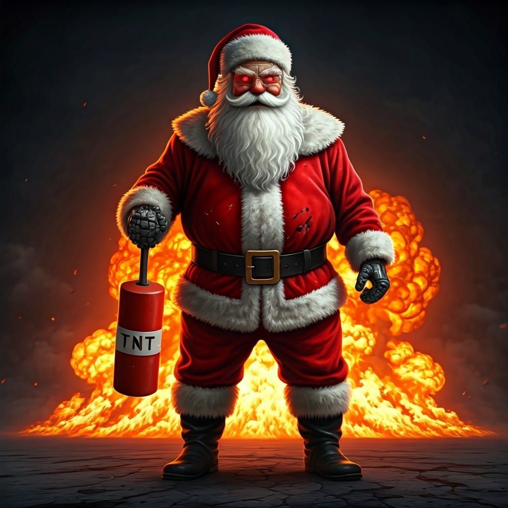 Evil robot Santa Claus, TNT plunger, nuclear bomb explosion, 4k