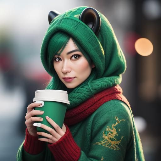 green azure baby dragon in a red scarf drinks coffee