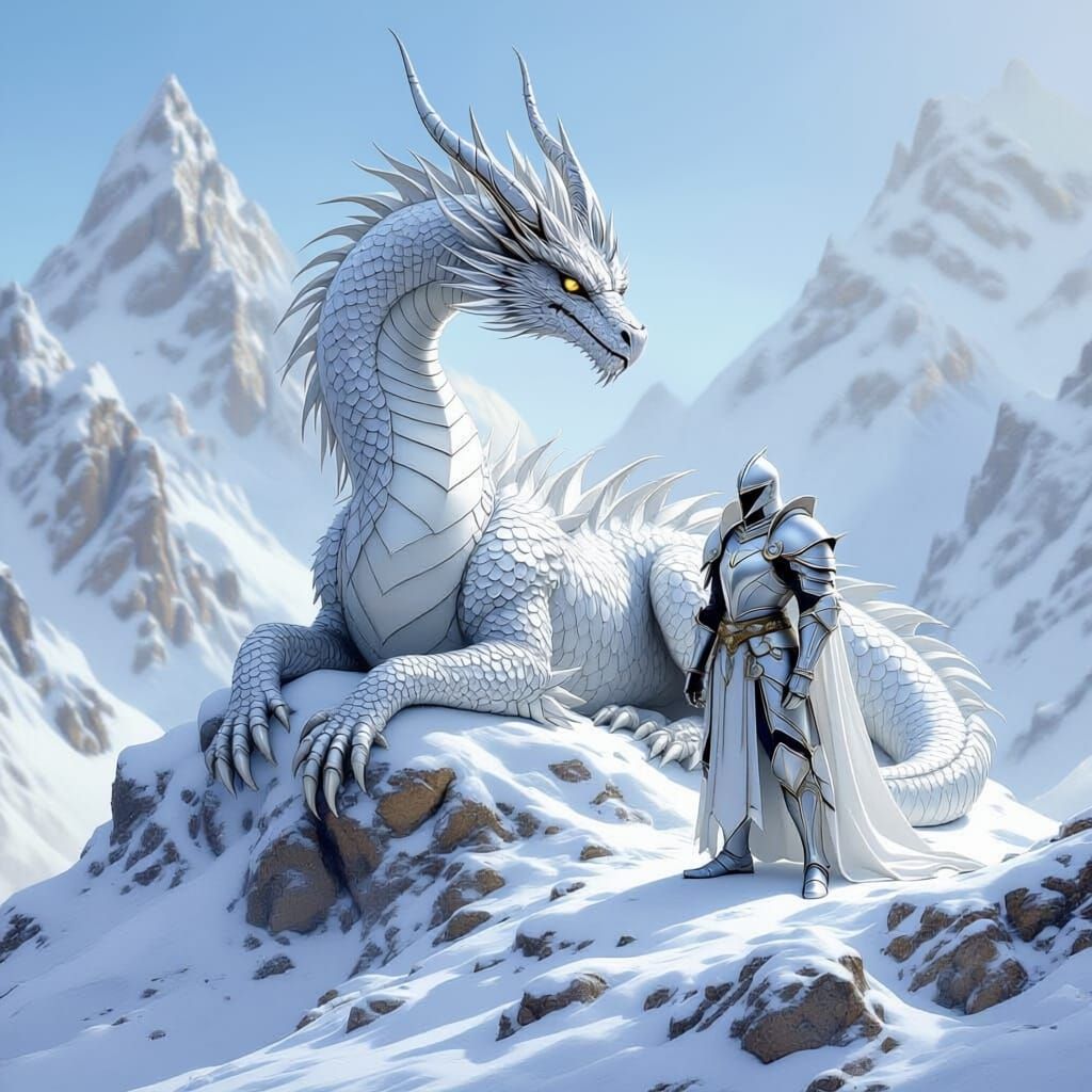 Silver Dragon and Knight on Creamy Mountain