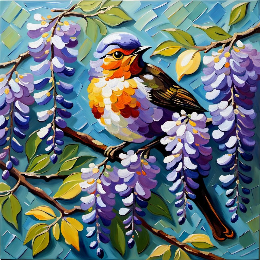 a wisteria branch with a robin
