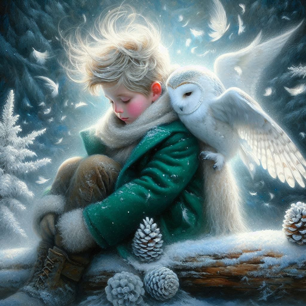Night Sky and Silver Owl with Young Boy