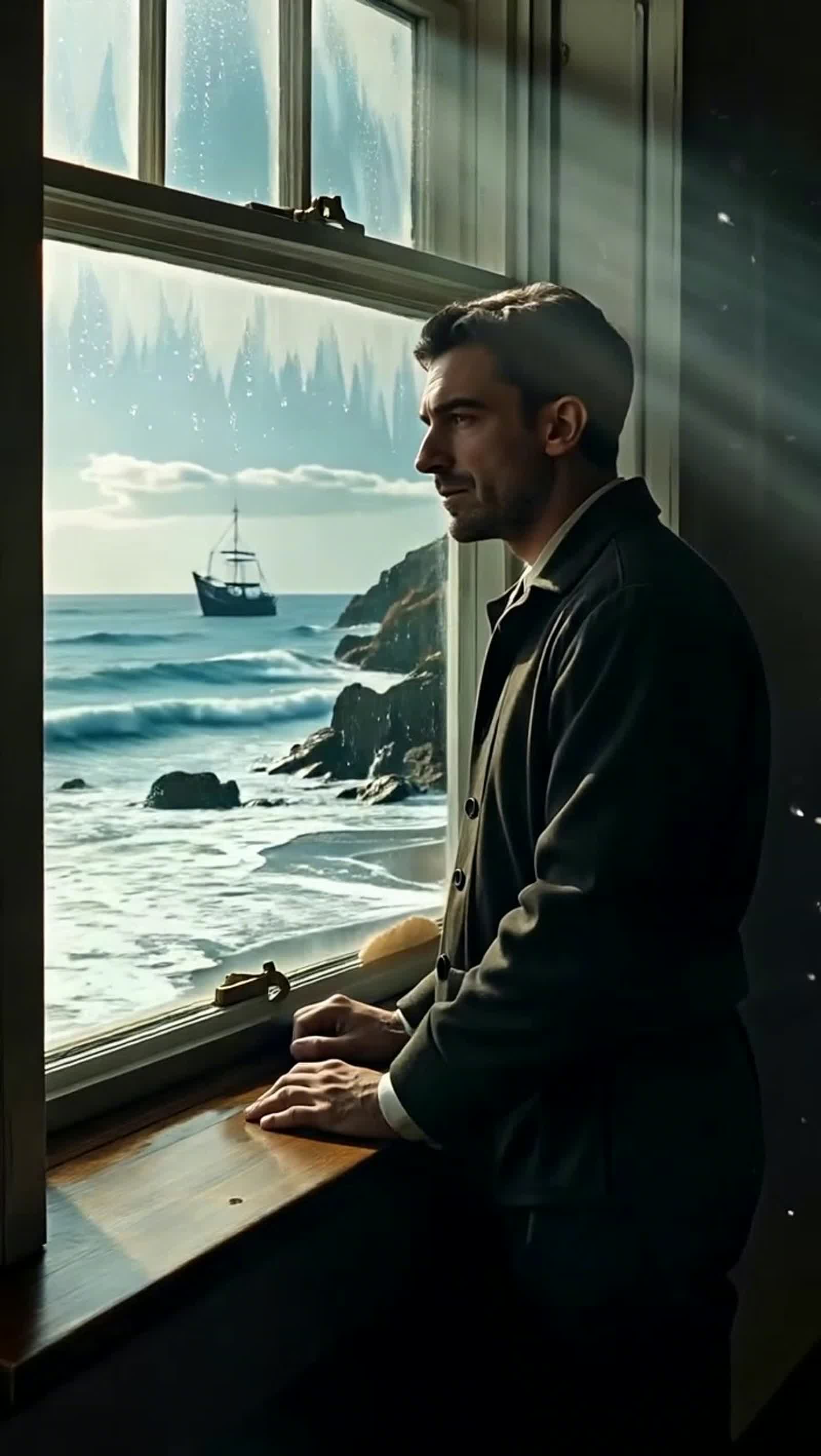 A solitary lighthouse keeper watches a storm rage at sea from a fogged-up window. The crashing waves and distant ships a...