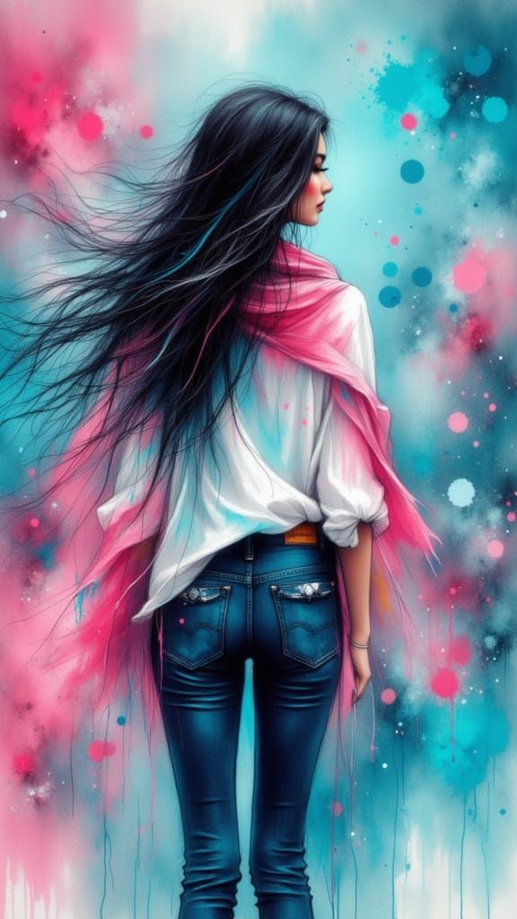 Ethereal Woman in Cosmic Nebula, Watercolour & Neon Style