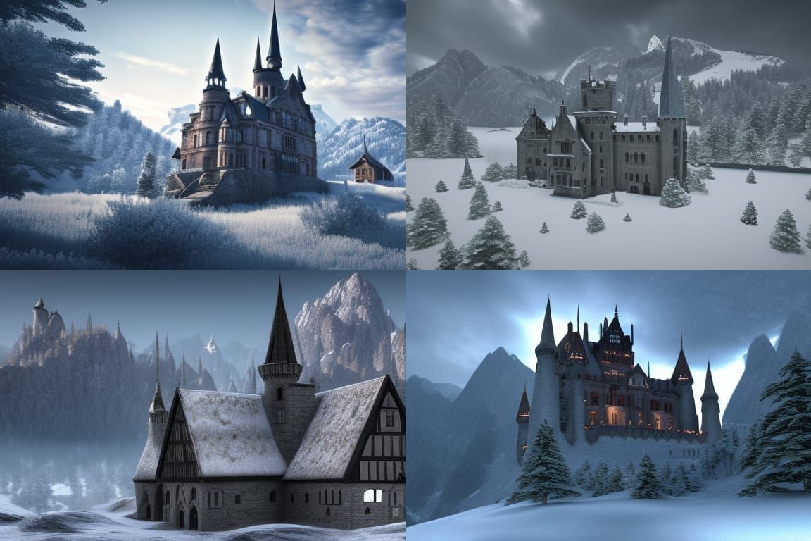 A gothic castle in a snowy mountain range.