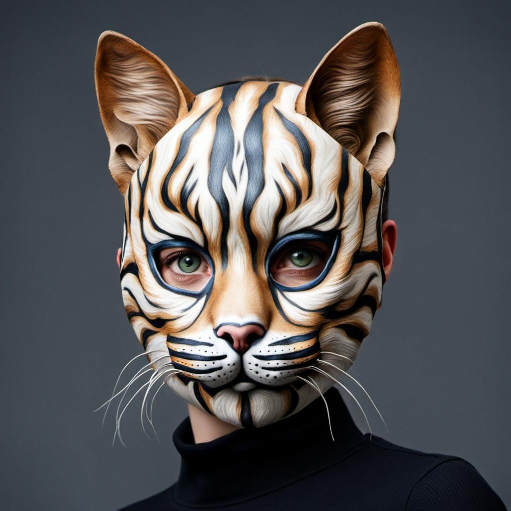 Baldheaded woman wearing hyperrealistic tabby cat mask.