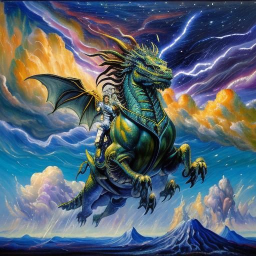 Surreal Dragon in Interstellar Storm, Expressionist Oil Pain...
