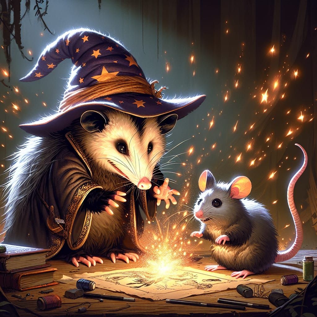 The Master Wizard Opossum and His Apprentice Mouse...  by @Anonymous User