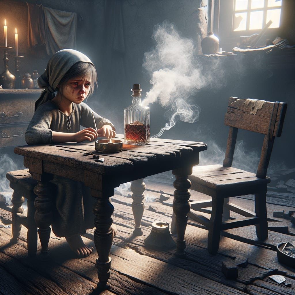 Rustic Table Scene in Smoky Ambiance with Young Girl
