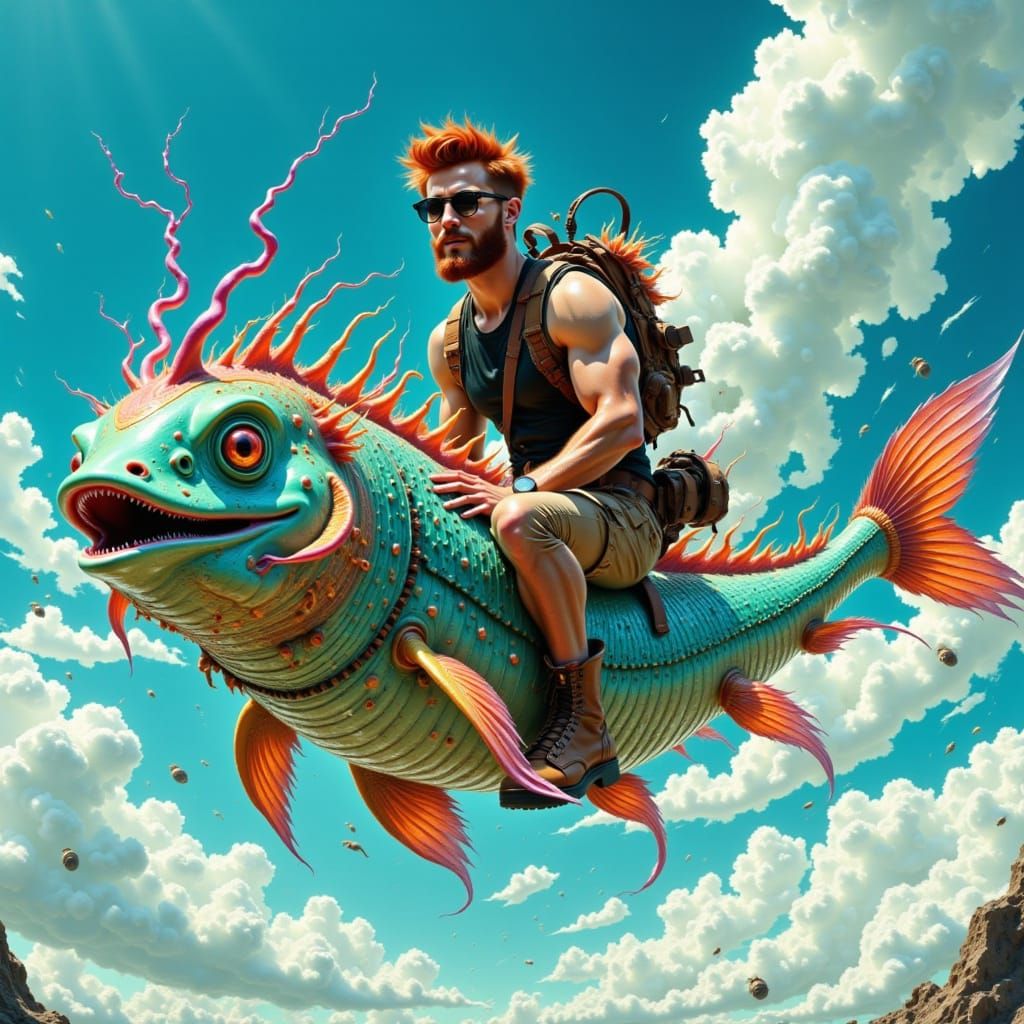 attractive young hipster man rides on a huge fish with smiling human face through the sky <lora:Different world:1.0> 