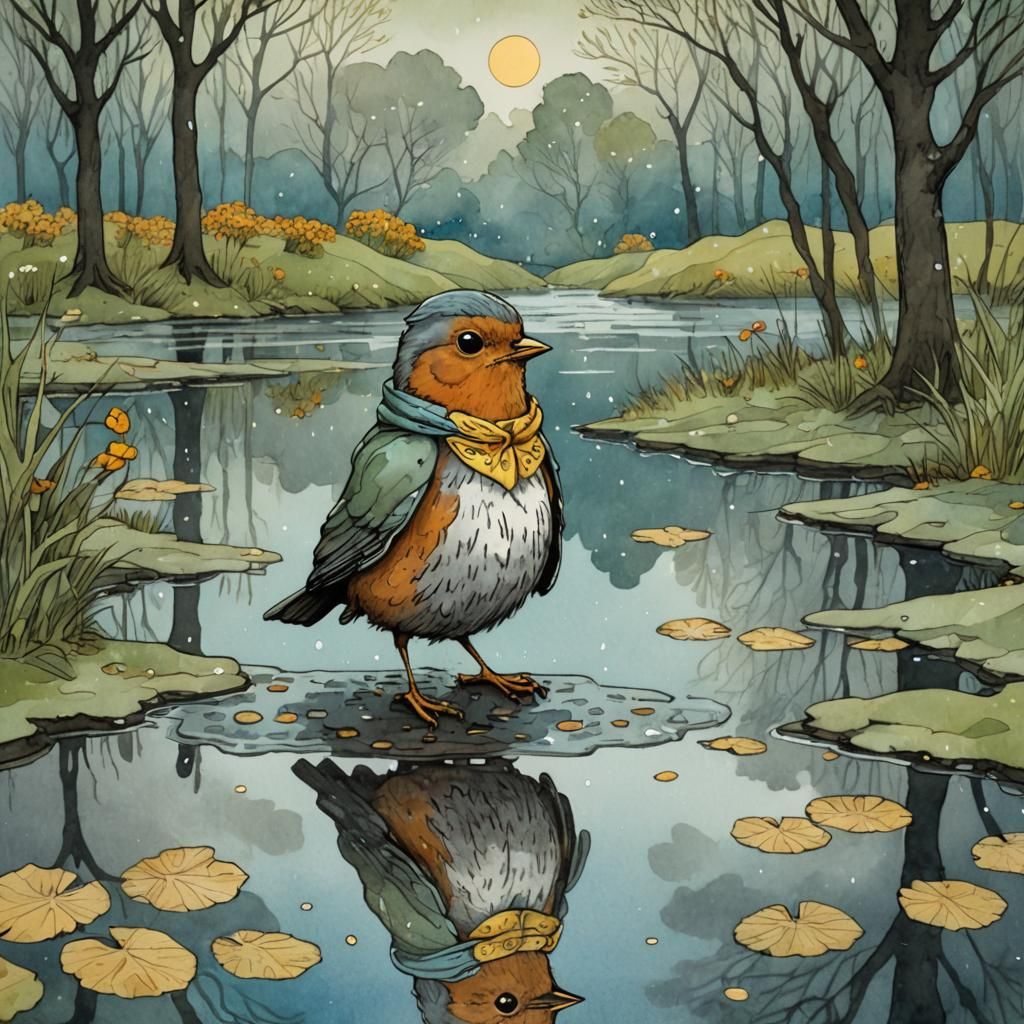 Cute fluffy Robin looking at its reflection in a puddle in a...