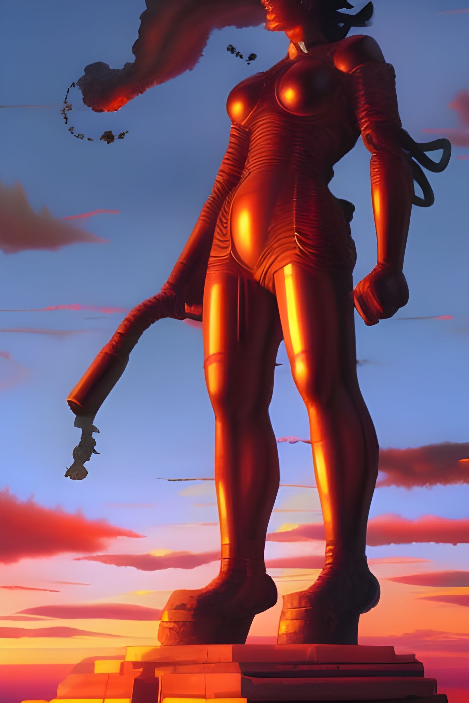 An oil painting of the Statue of Colossus