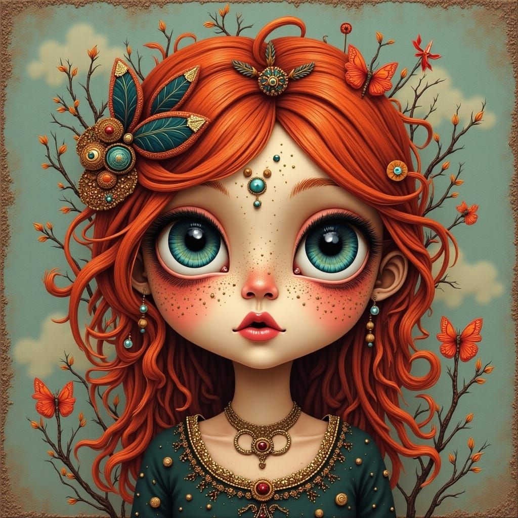 <lora:MIXED EMOTIONS:1.0> whimsical illustration with muted earthy vintage colors, fantasy, a gothic looking little girl with shiny red hair...