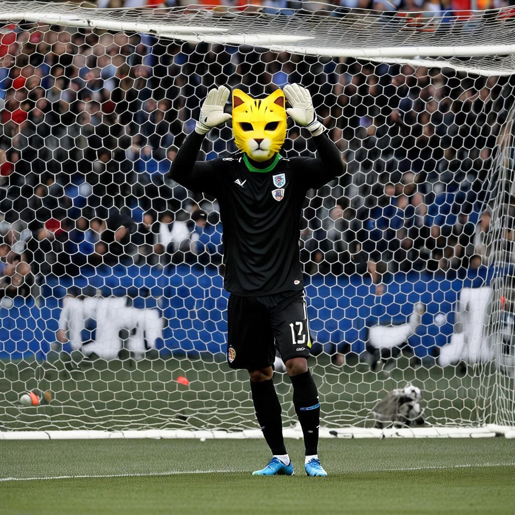 Goalkeeper with Cat Mask in Hyperrealistic Style
