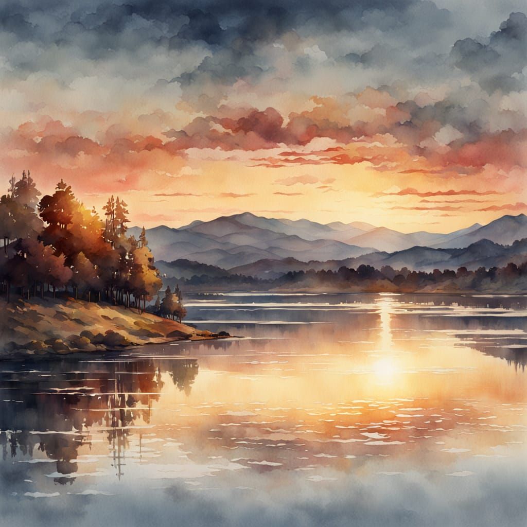 Glowing Lake Sunset in Antique Watercolor Painting
