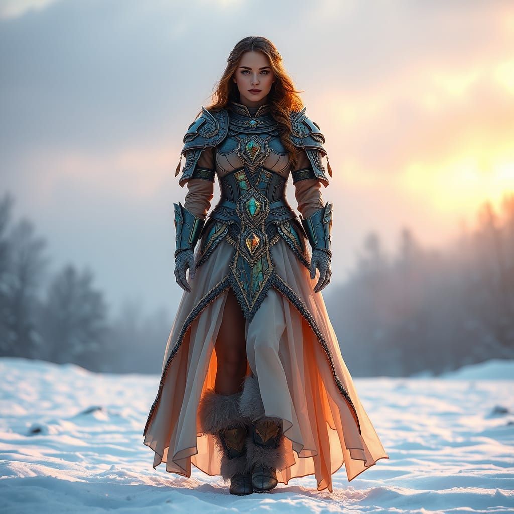 Hyperrealistic, beautiful woman, wearing intricate armor dress made of shiny colorful opal, extremely detailed , opal armor, wide skirt, ful...