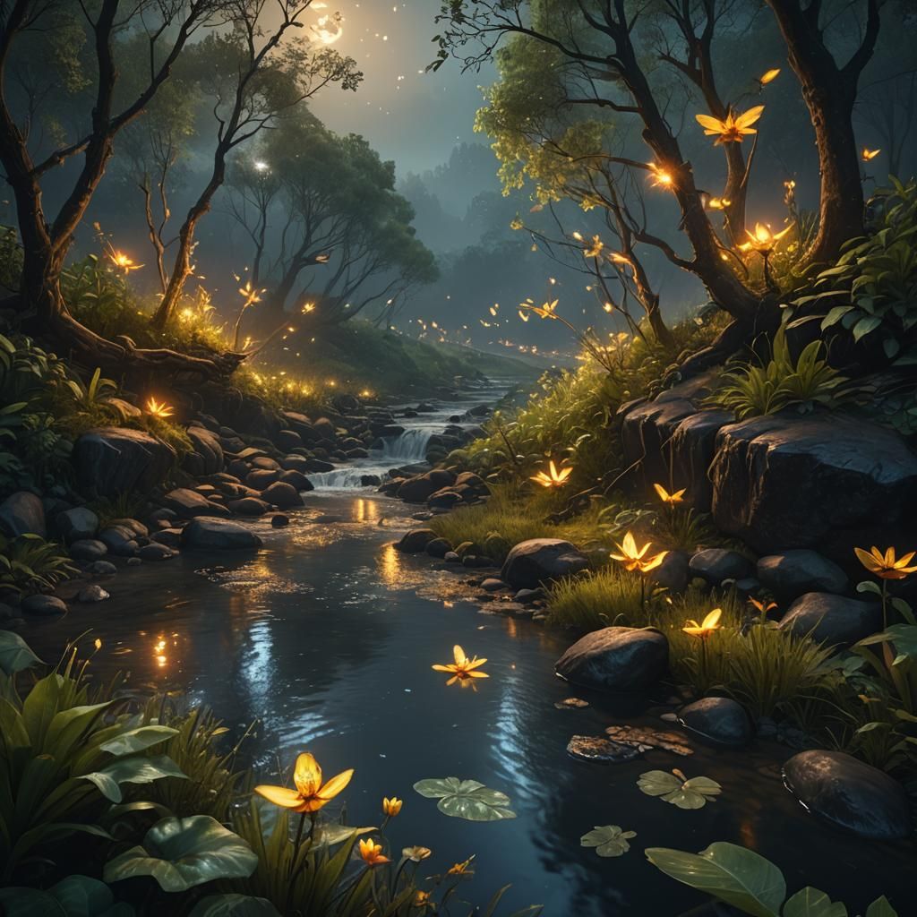 Hyper realistic valaha and river with many Firefly