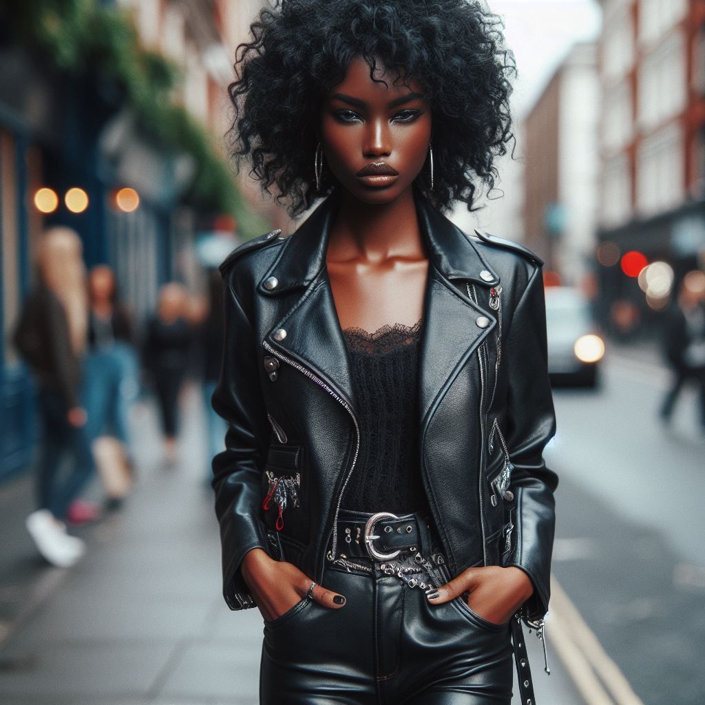 Black beauty rock girl in leather