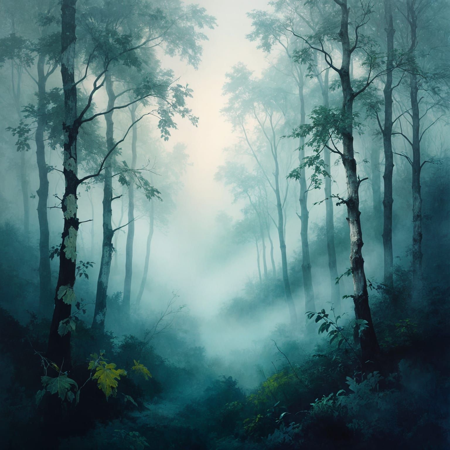 "A profound and evocative oil painting, utterly devoid of any text, logos, or discernible figures. This is an abstract embodiment of a misty...